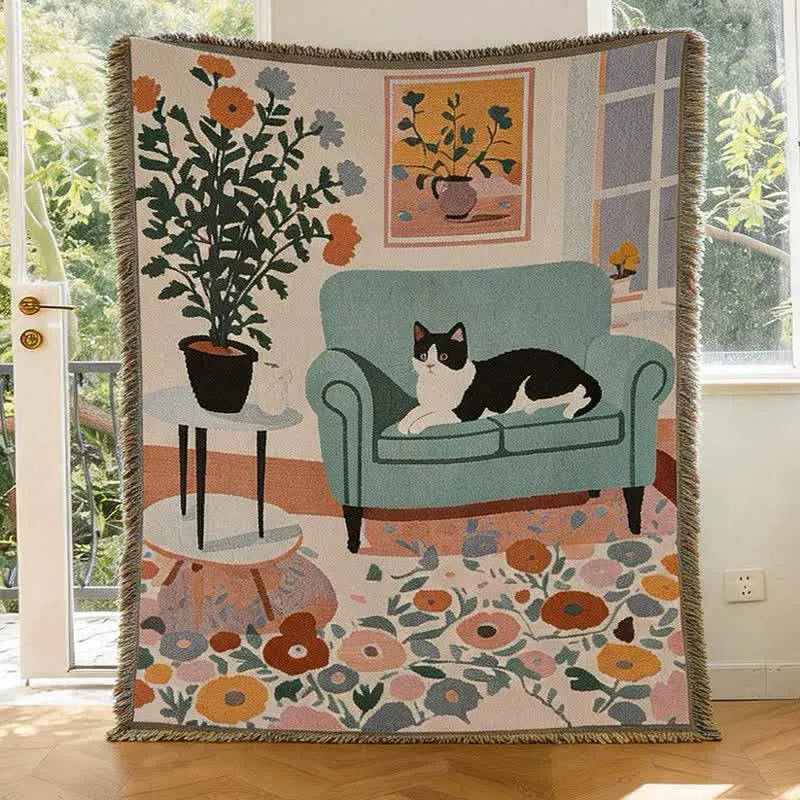 Boho-Katzen-Wohndecke mit Fransen