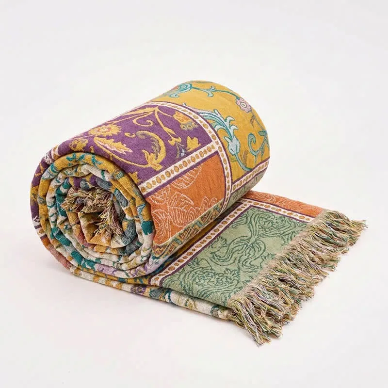 Boho-Baumwoll-Patchworkdecke mit Blumenmuster und Quasten