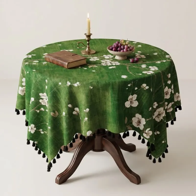 Vintage Tischdecke mit weißem Pflaumenblütenmuster und Quasten