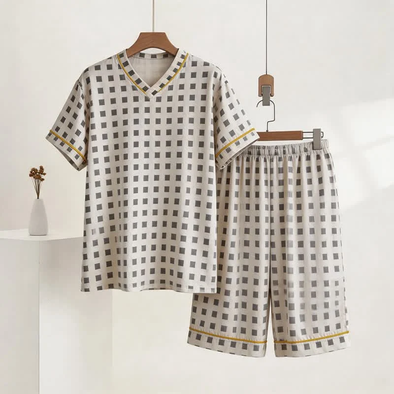 Unisex Mini-Karo-Pyjama-Set mit V-Ausschnitt