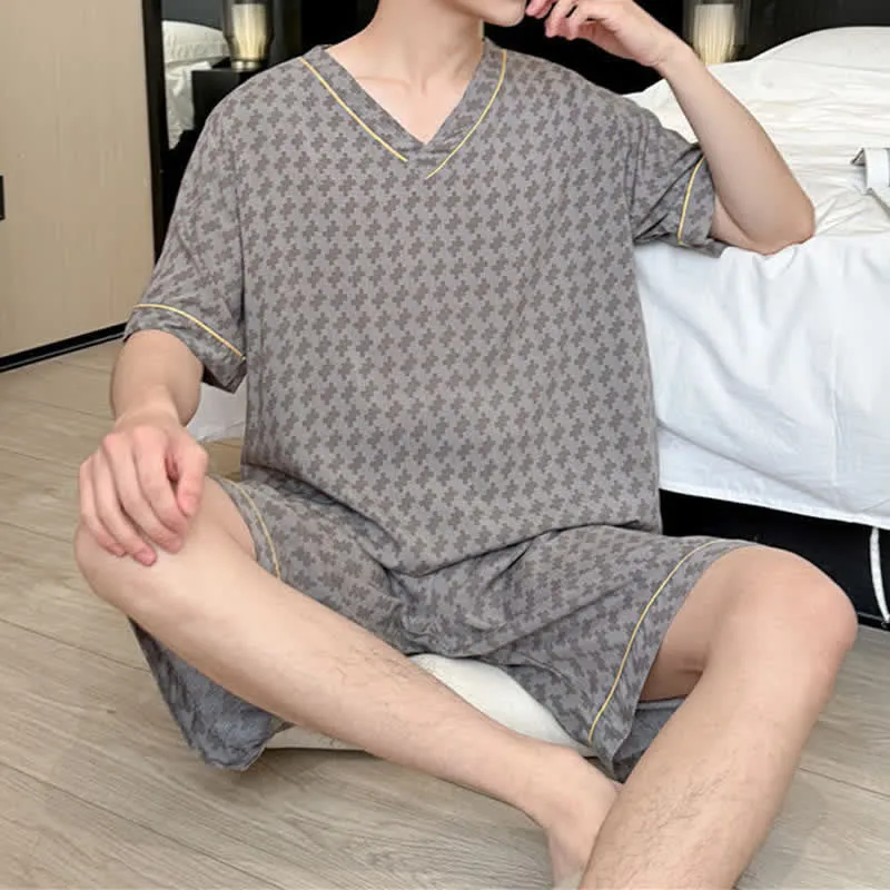 Graues Loungewear-Set mit geometrischem V-Ausschnitt