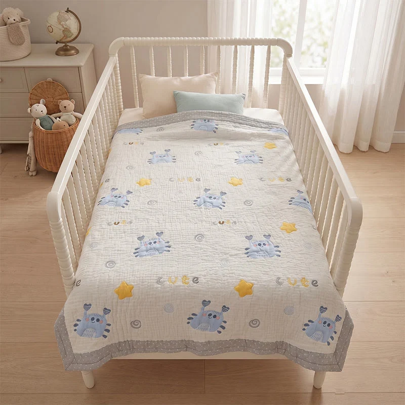 Babydecke mit blauem Krabbenmuster aus Lyocell, gesteppt
