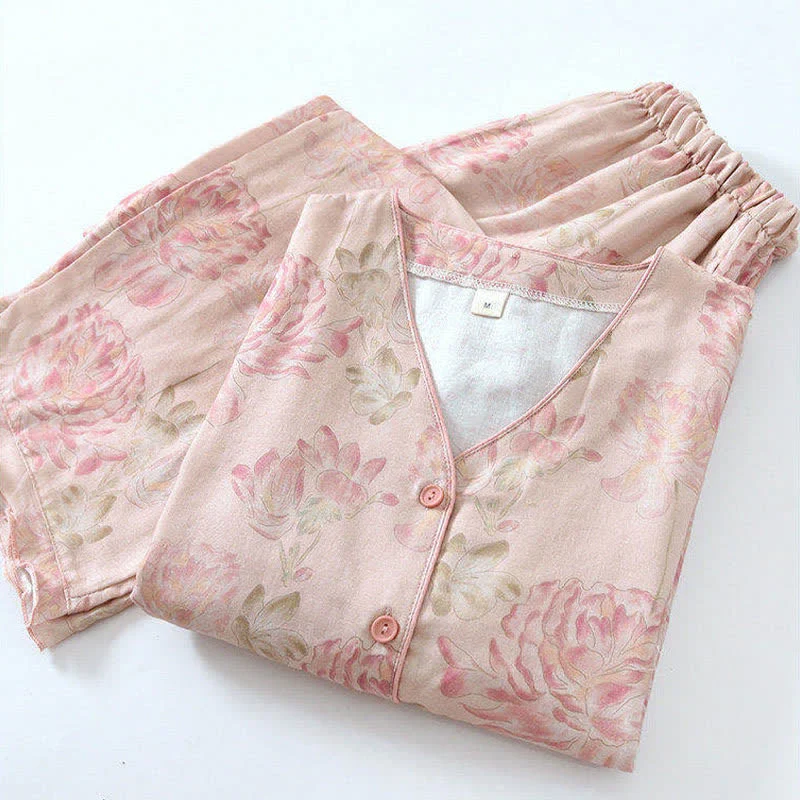 Pyjama aus Baumwollgaze mit rosa Pfingstrosenmuster