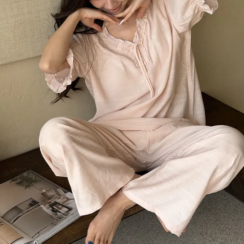 Einfarbiger, wattierter Rüschen-Pyjama-Set
