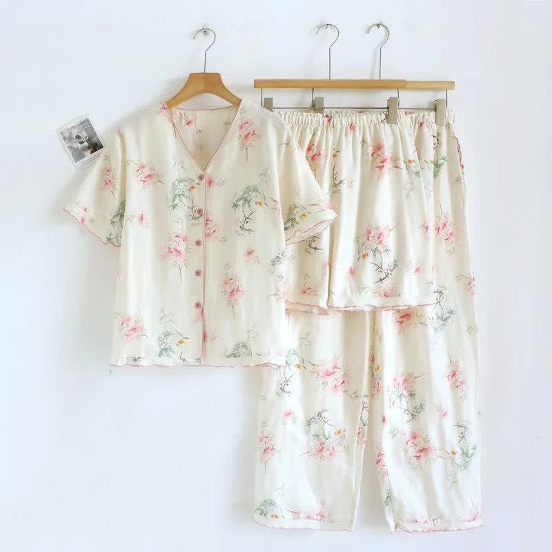 Baumwoll-Pyjama-Set mit Blumenmuster und kurzen Ärmeln (3-teilig)