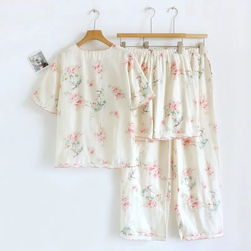 Baumwoll-Pyjama-Set mit Blumenmuster und kurzen Ärmeln (3-teilig)