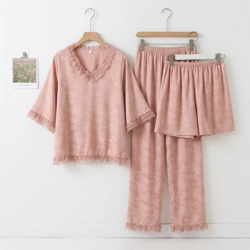 Rosa Jacquard-Pyjama-Set mit Rüschenbesatz (3-teilig)