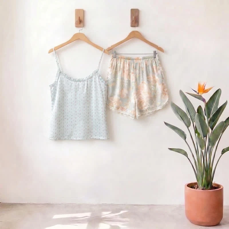 Loungewear-Set aus mintfarbenem Satin-Top und Shorts mit Blumenmuster