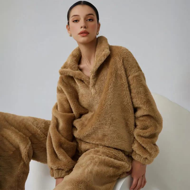 Einfarbiges Plüsch-Loungewear-Set