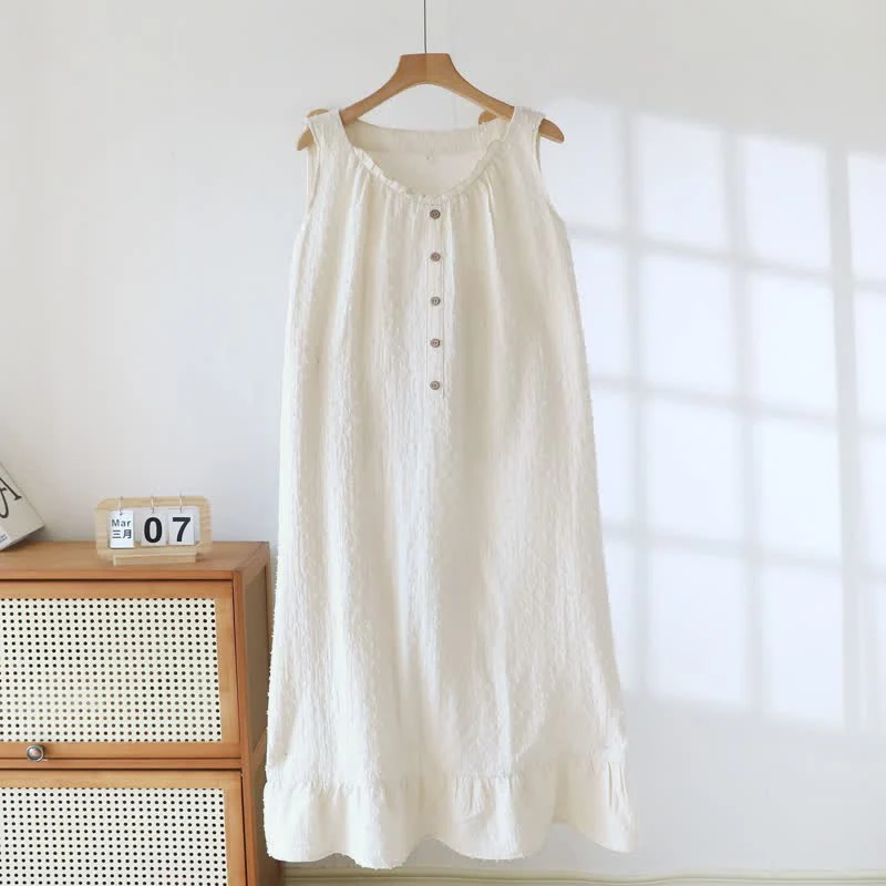 Beigefarbenes, strukturiertes, ärmelloses Loungekleid aus Baumwolle
