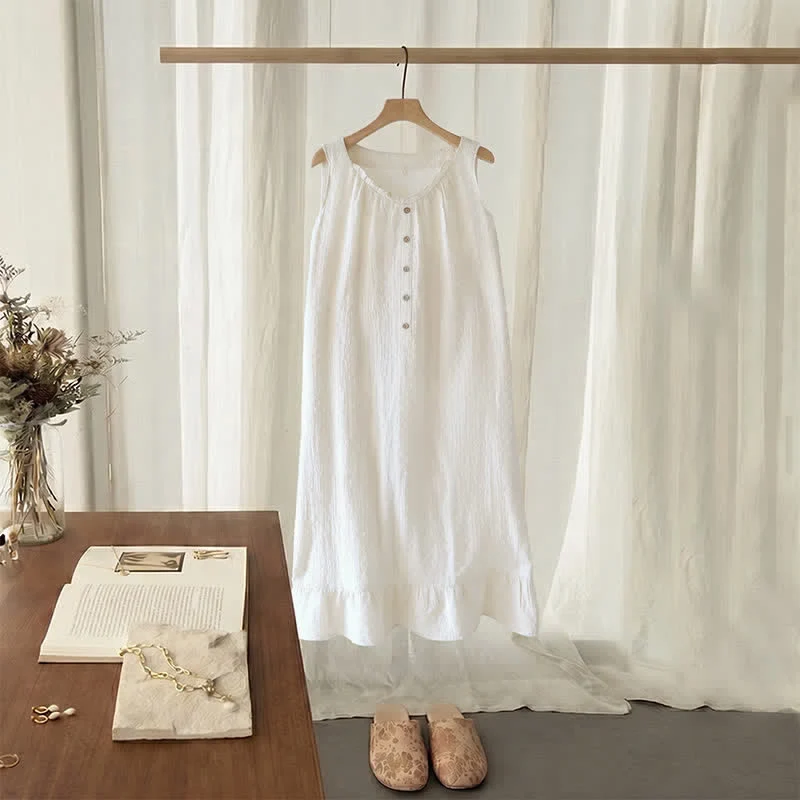 Beigefarbenes, strukturiertes, ärmelloses Loungekleid aus Baumwolle