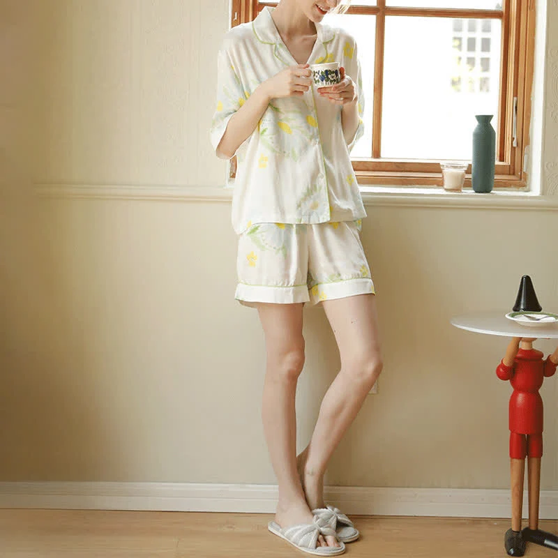 Pyjama-Shorts-Set mit Sonnenblumen-Minz-Kontrastbesatz
