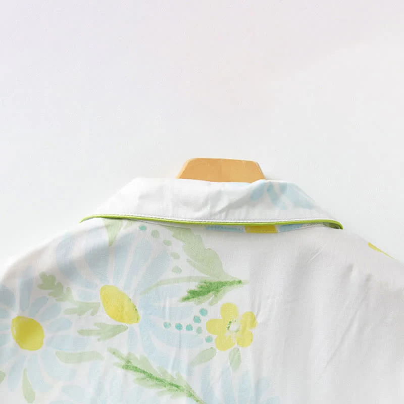 Pyjama-Shorts-Set mit Sonnenblumen-Minz-Kontrastbesatz