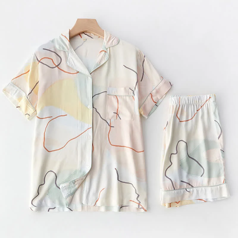 Loungewear-Set aus Satin mit abstraktem Print und kurzen Ärmeln