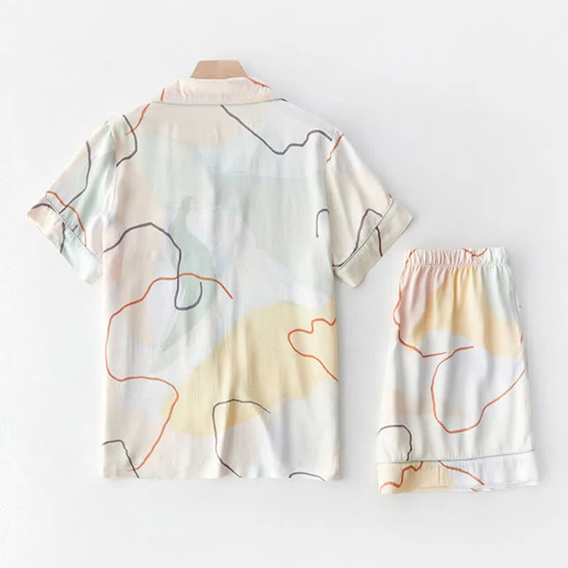 Loungewear-Set aus Satin mit abstraktem Print und kurzen Ärmeln