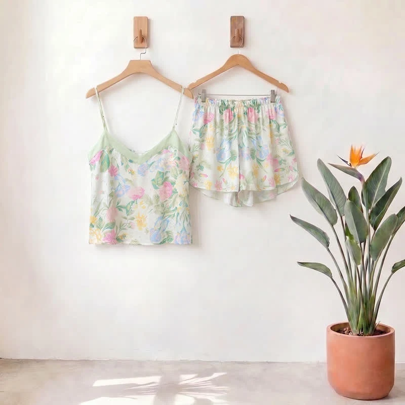 Loungewear-Set aus mintfarbenem Satin-Top und Shorts