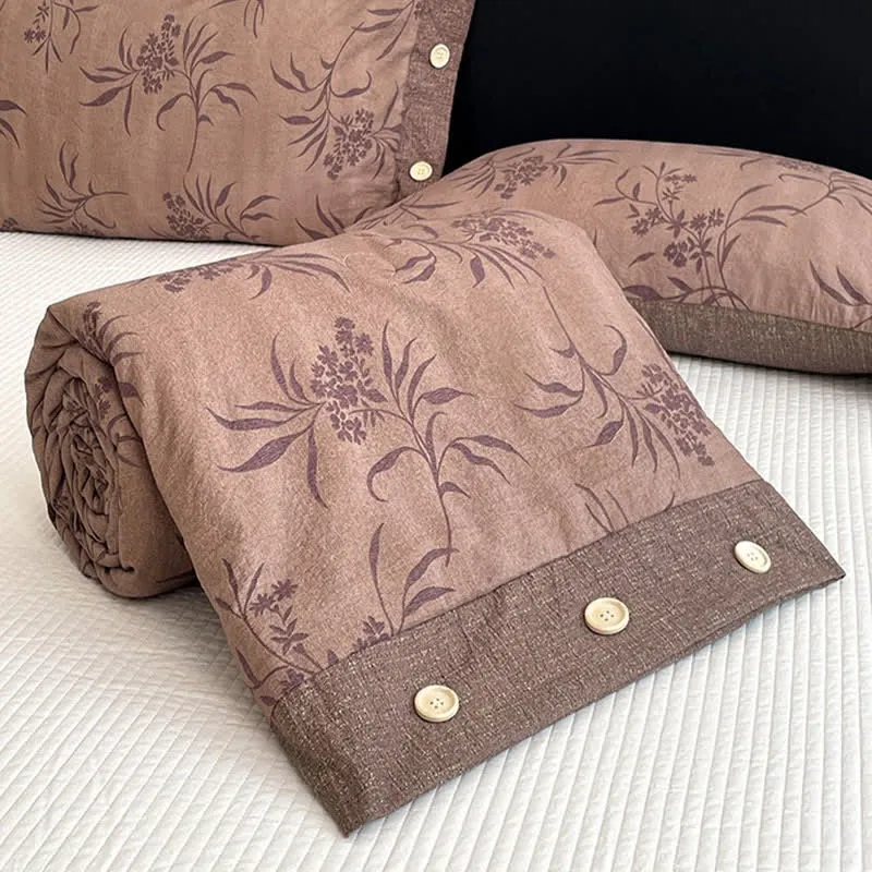 Vintage-Bettdecke aus Baumwoll-Leinen-Mischgewebe mit botanischem Muster