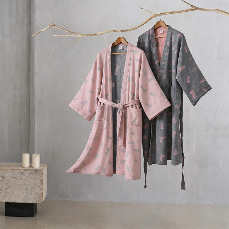Kimono-Bademantel aus Baumwollgaze mit Liebesmuster