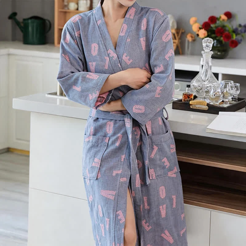 Kimono-Bademantel aus Baumwollgaze mit Liebesmuster