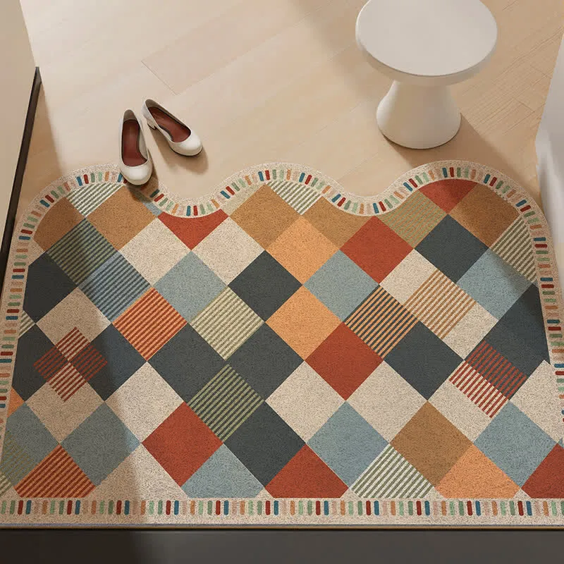 Retro-Patchwork-Teppich mit Wellenkante