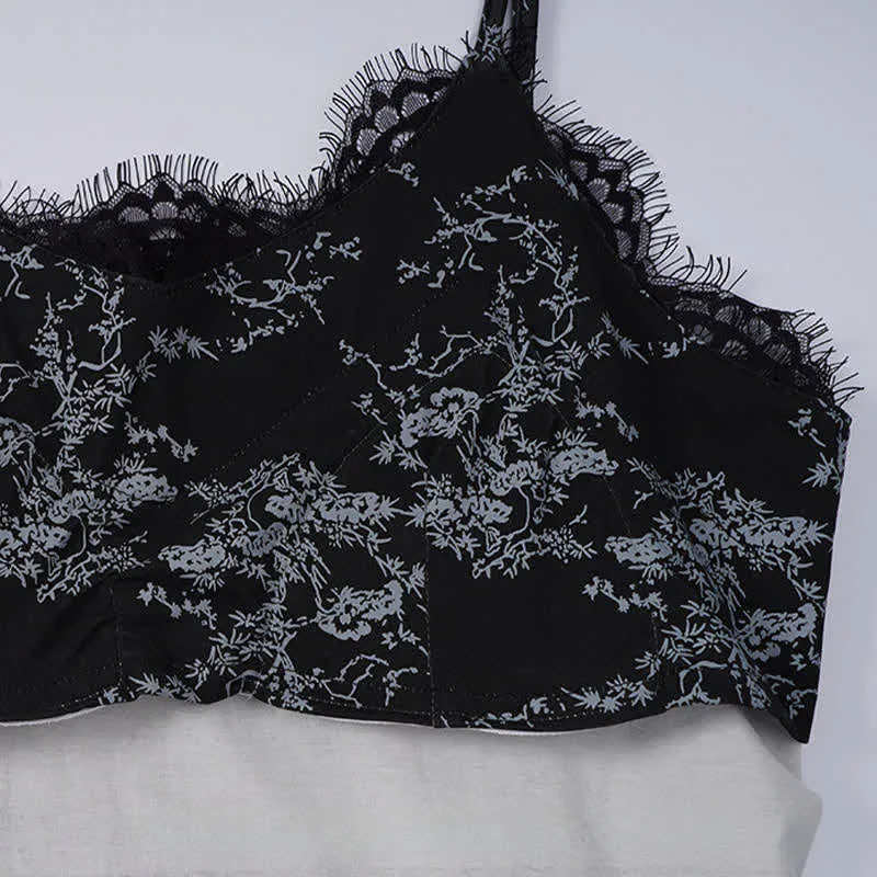 Schwarzes Lounge-Set mit Camisole-Oberteil und Blumenmuster