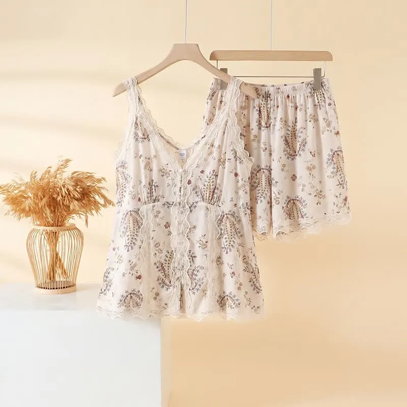 Loungewear-Set aus französischer Baumwollspitze mit Blumenmuster