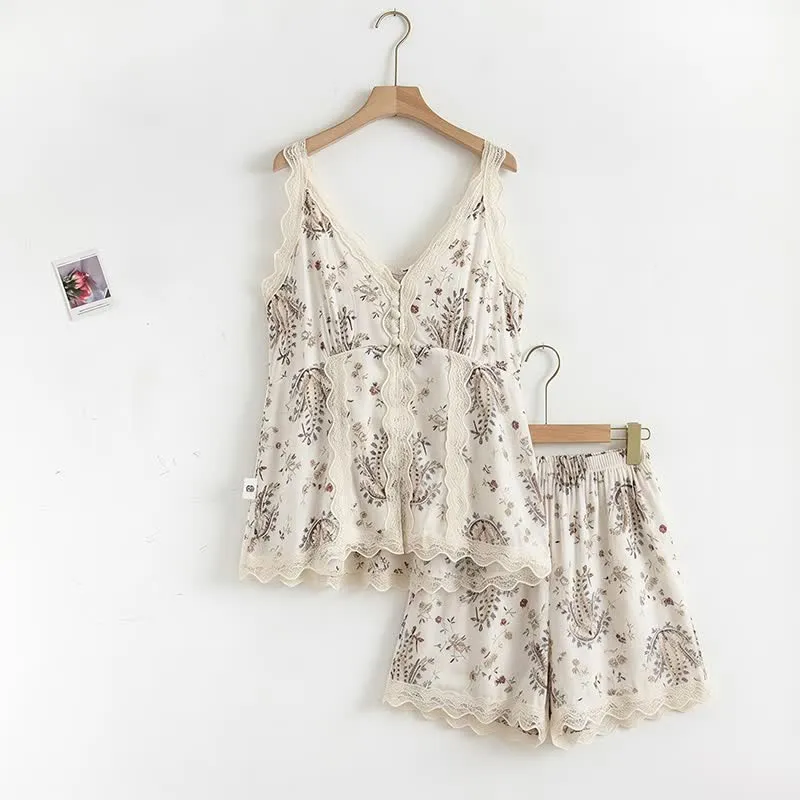 Loungewear-Set aus französischer Baumwollspitze mit Blumenmuster