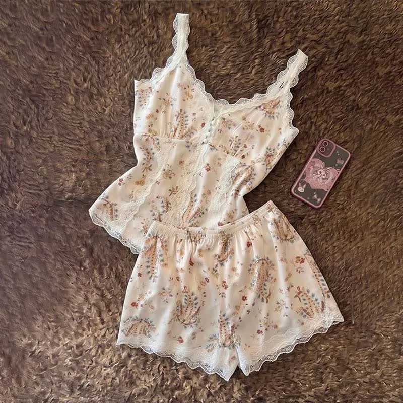 Loungewear-Set aus französischer Baumwollspitze mit Blumenmuster