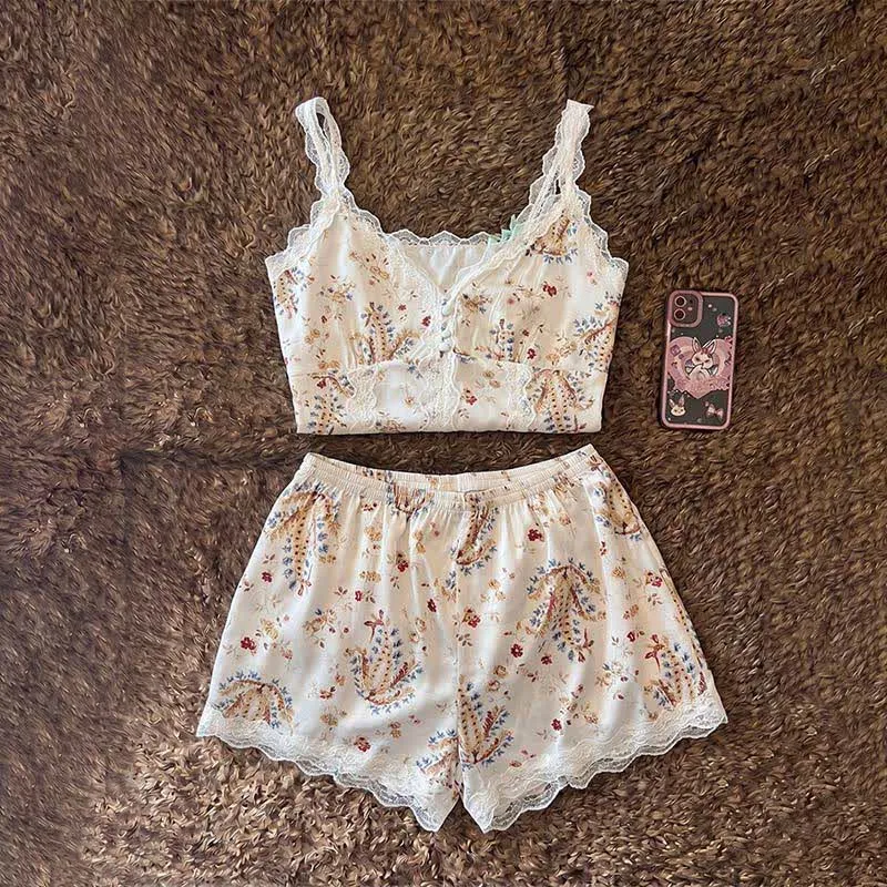 Loungewear-Set aus französischer Baumwollspitze mit Blumenmuster