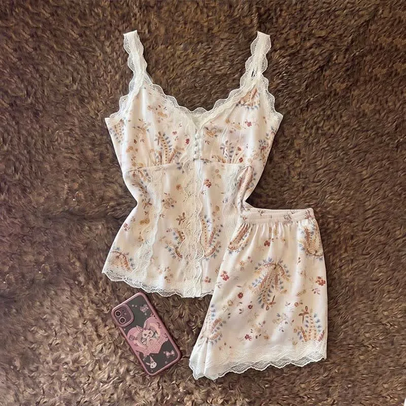 Loungewear-Set aus französischer Baumwollspitze mit Blumenmuster