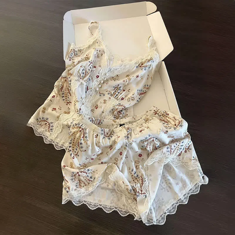Loungewear-Set aus französischer Baumwollspitze mit Blumenmuster