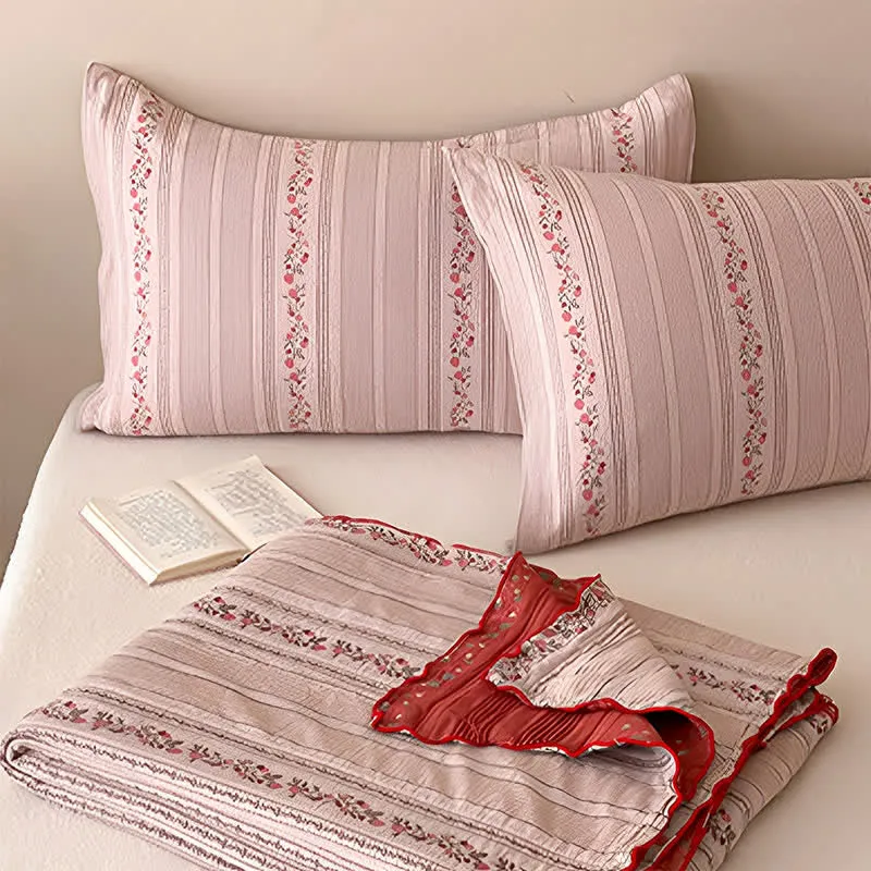 Bettwäsche-Set aus gewaschener Baumwolle mit rosafarbenem Blumenmuster und Streifen