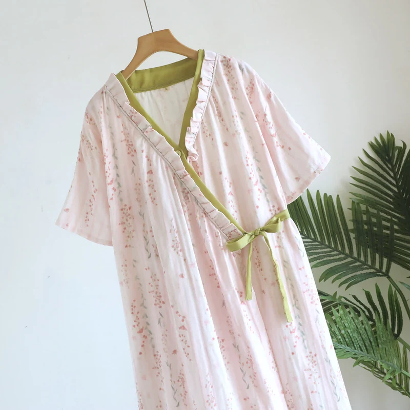 Kimono-Nachthemd/Loungewear aus geblümtem Baumwollgaze