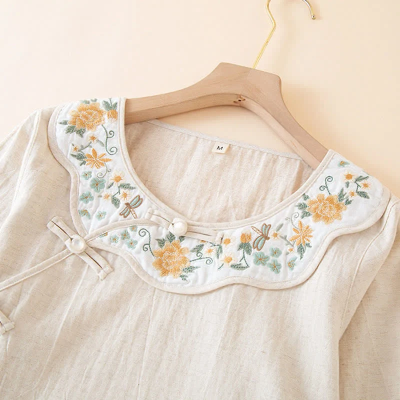 Damenpyjama aus Baumwoll-Leinen-Mischgewebe mit Blumenstickerei