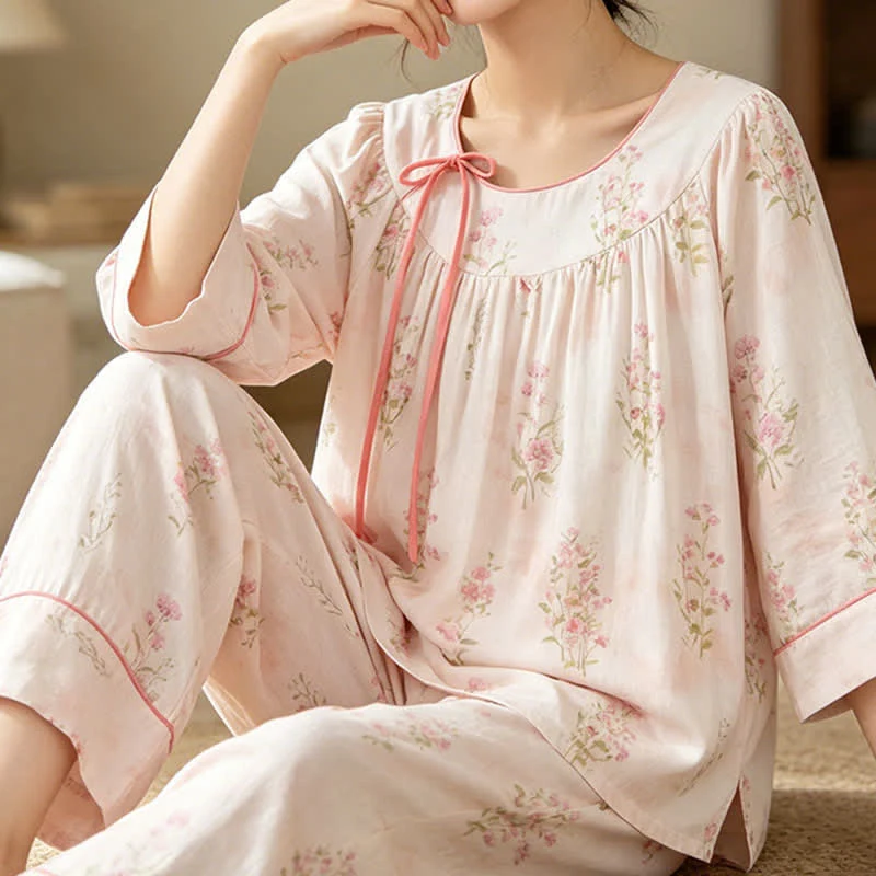 Pyjama mit Blumenmuster aus Bambus-Baumwolle mit Bindeband am Hals