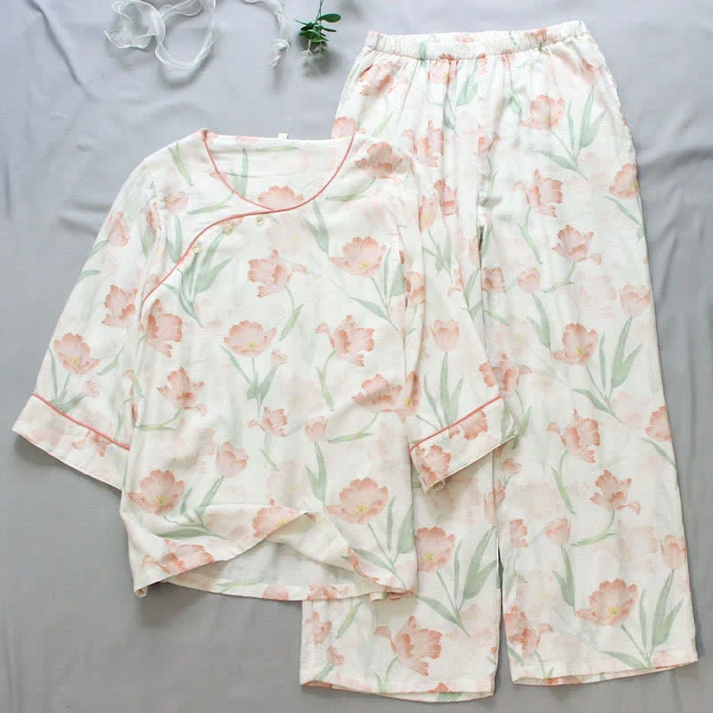 Damenpyjama aus Bambusfaser mit Tulpenmuster