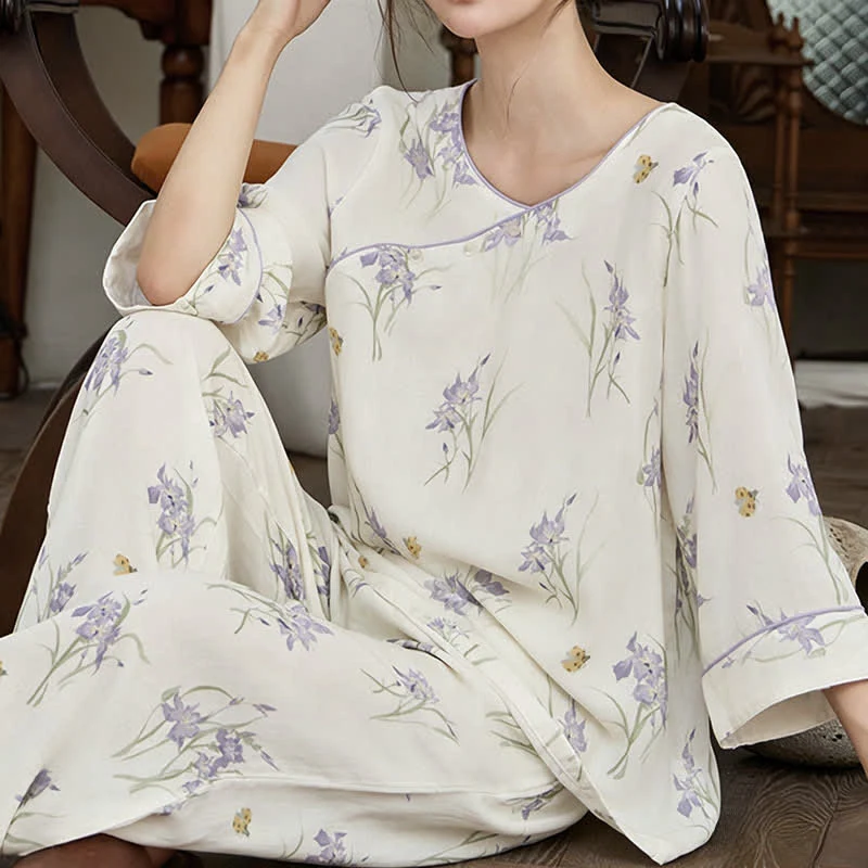 Damenpyjama mit Iris-Print aus Bambusfaser