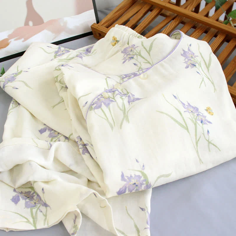 Damenpyjama mit Iris-Print aus Bambusfaser