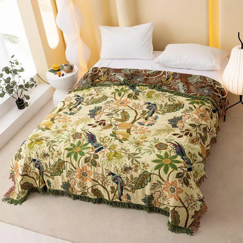 Wendbare Musselin-Tagesdecke mit Blumen- und Vogelmotiv
