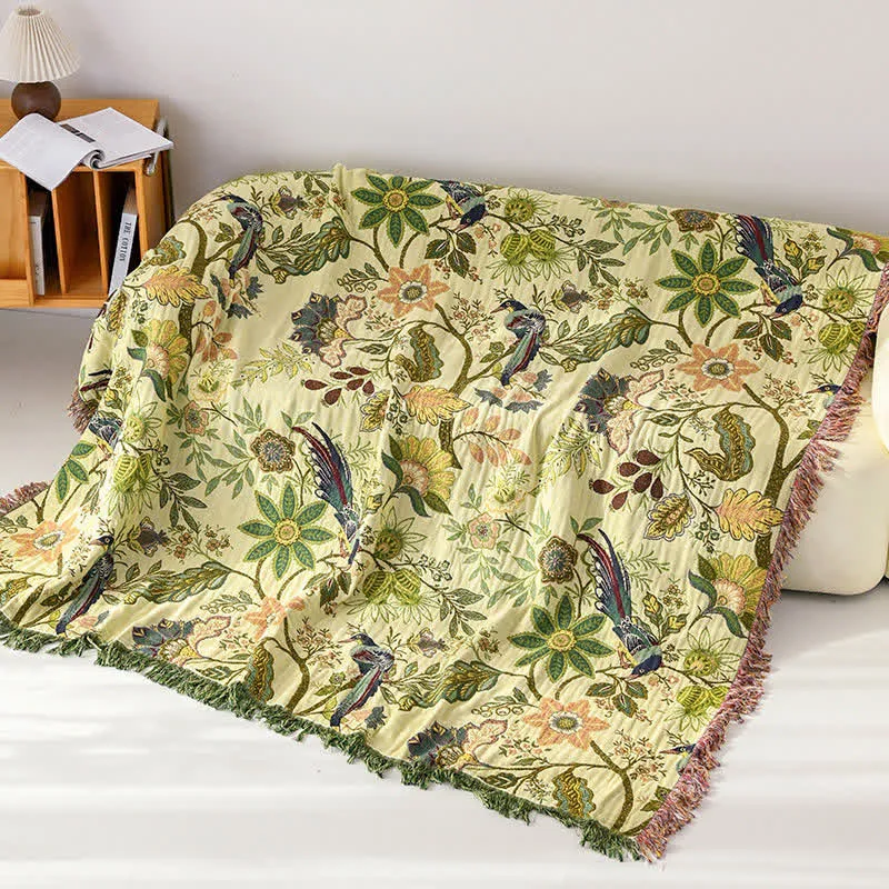 Wendbare Musselin-Tagesdecke mit Blumen- und Vogelmotiv