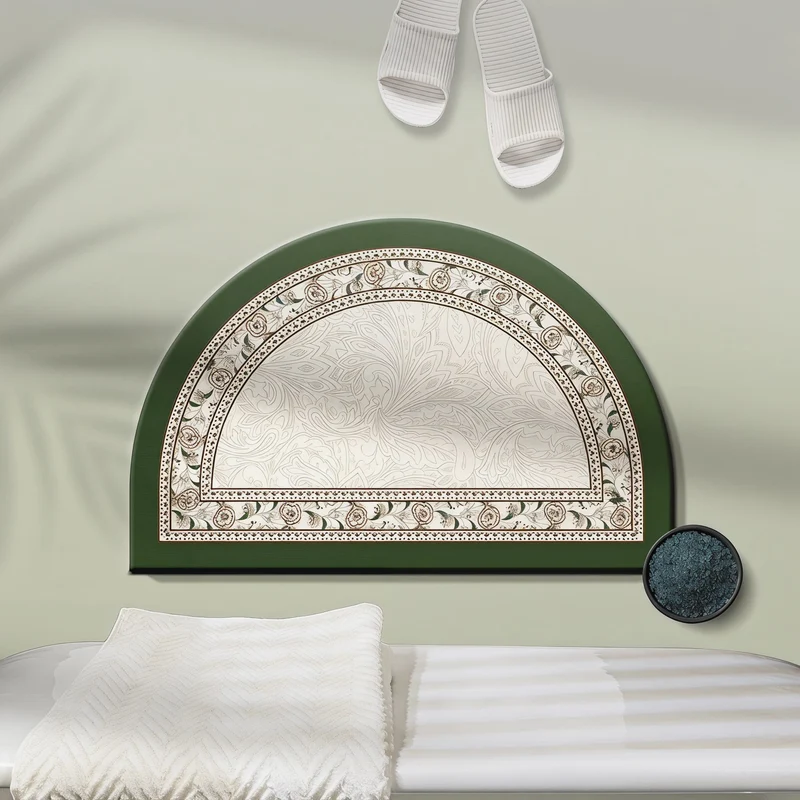 Halbmondförmiger Vintage-Badezimmerteppich mit Blumenmuster und Bordüre