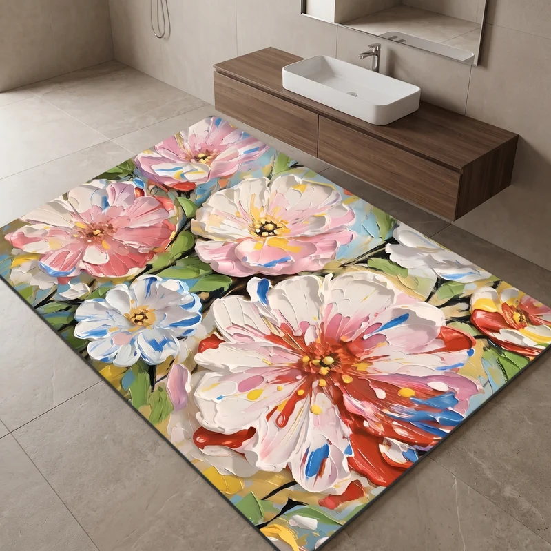 Lebendiger Badezimmerteppich mit Ölgemälde-Blumenmotiv