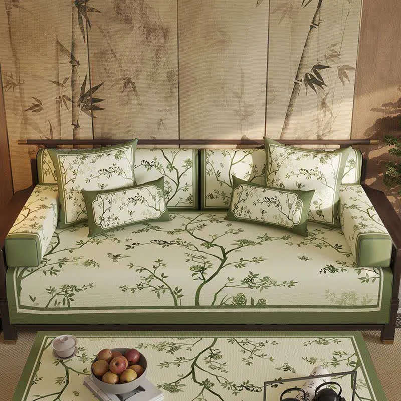 Vintage Sofabezug mit grünen Zweigen und Blumen