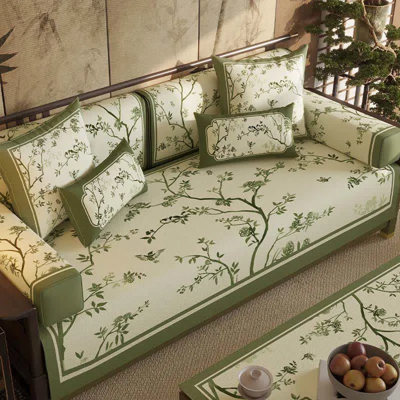 Vintage Sofabezug mit grünen Zweigen und Blumen