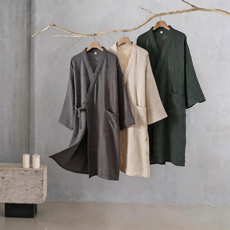 Kimono-Bademantel aus einfarbigem Baumwollgaze, Unisex