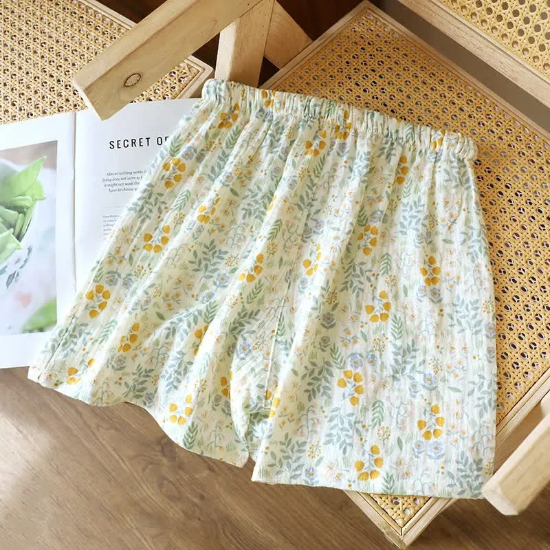 Gelbe Tulpen-Pyjama-Shorts aus Baumwollgaze