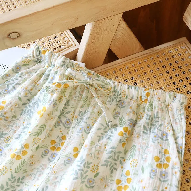 Gelbe Tulpen-Pyjama-Shorts aus Baumwollgaze