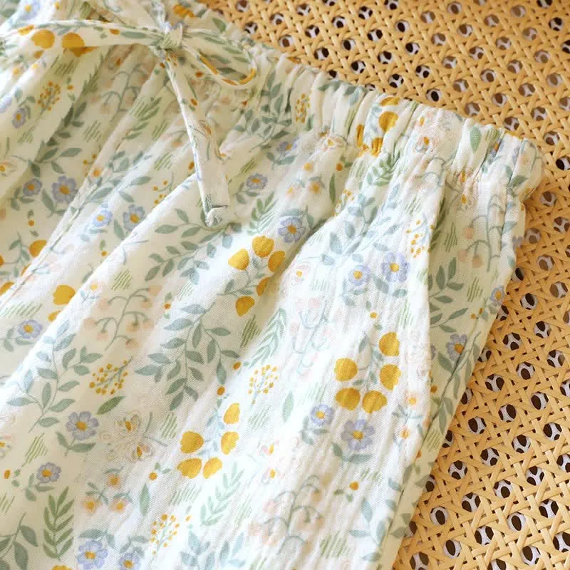 Gelbe Tulpen-Pyjama-Shorts aus Baumwollgaze