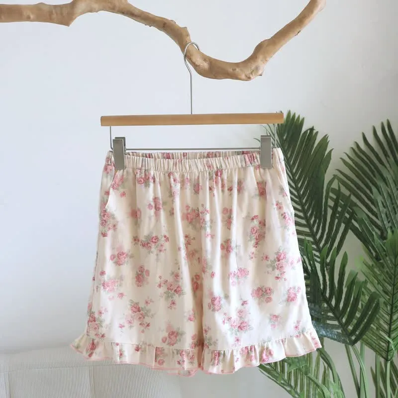 Rosa geblümte Baumwoll-Pyjama-Shorts mit Rüschen
