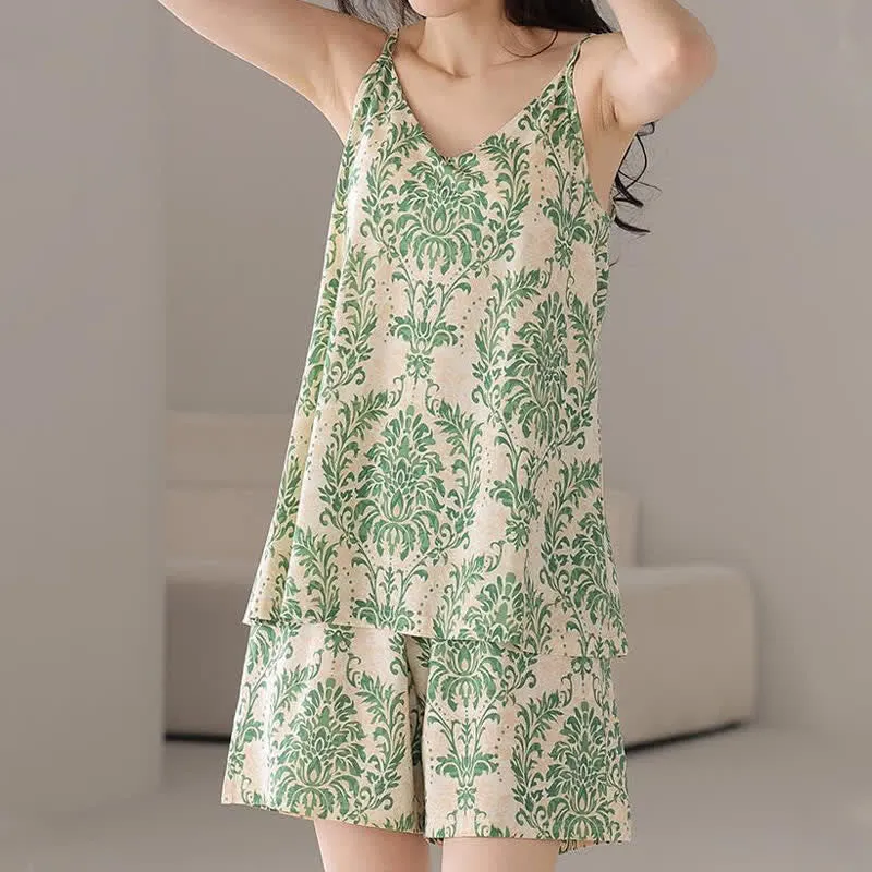 Ärmelloser Damenpyjama mit Vintage-Grünmuster